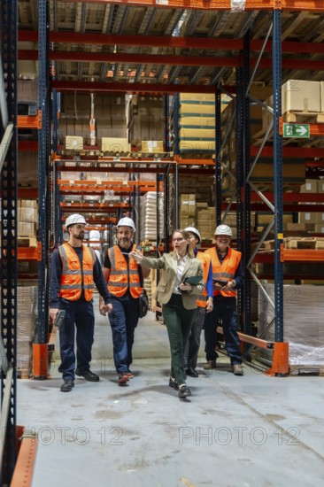 Diverse team of logistics professionals and warehouse workers discussing inventory management and safe operational procedures while walking through a large industrial storage facility