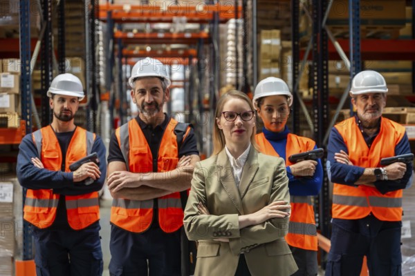 Female warehouse manager standing confidently with crossed arms in front of her diverse team of workers wearing safety vests and hard hats in a large logistics facility