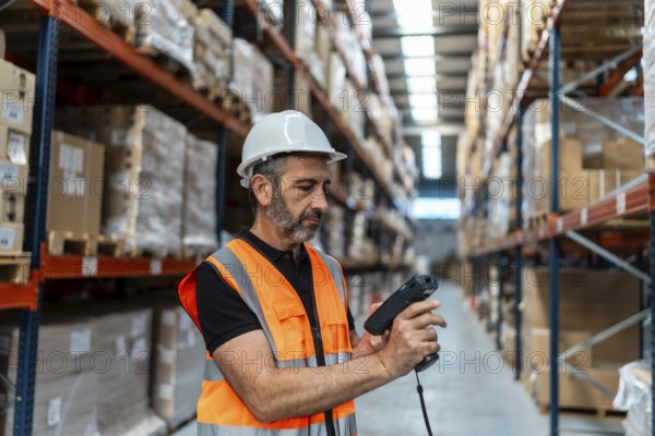 Warehouse worker wearing safety hardhat and vest scanning product packages on shelves in a large distribution center, managing inventory and supply chain operations
