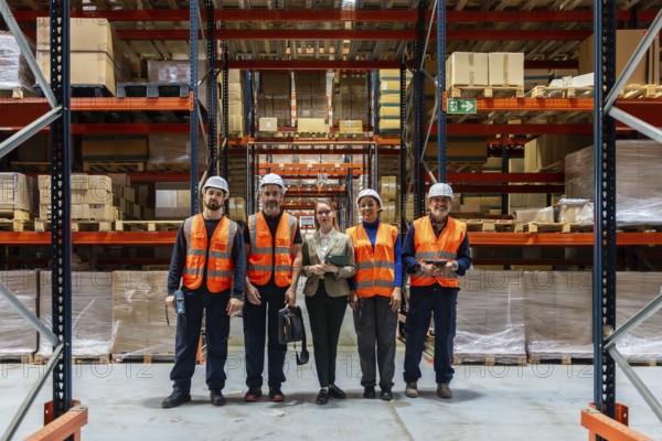 Diverse team of smiling warehouse workers and female manager standing in a modern logistics distribution center, showing collaboration and efficiency in the supply chain
