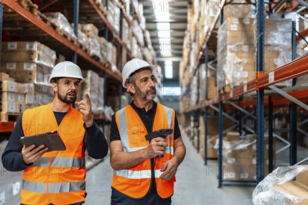 Two male warehouse workers discussing inventory management, using a digital tablet and barcode scanner while walking through a large storage facility filled with shelved boxes