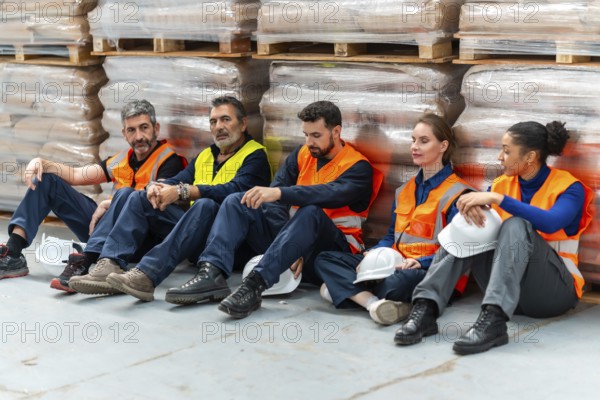 Logistics team of diverse male and female employees in safety vests and uniforms sitting on the floor, resting and taking a break in a warehouse between stacked pallets