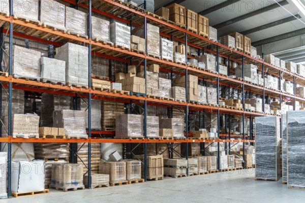 Industrial warehouse storing countless boxes, pallets, and goods wrapped in plastic on multiple levels of orange and blue metal shelving units, representing modern storage and distribution