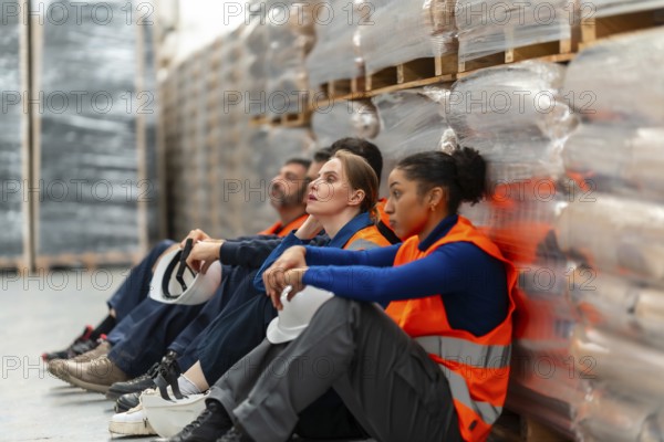 Tired diverse warehouse workers sitting on the floor, taking a well deserved break after strenuous work amidst stacked pallets in a busy logistics and distribution center