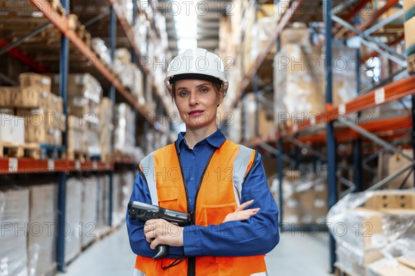 Woman wearing hard hat and safety vest standing confidently in a large logistics warehouse, holding a barcode scanner while managing inventory and shipping operations