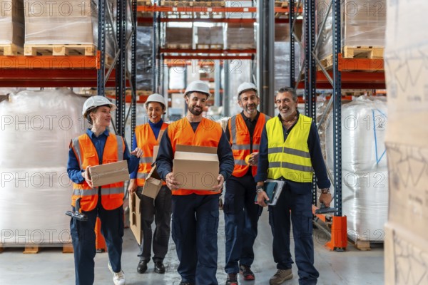 Diverse team of smiling warehouse workers in hard hats and vests carrying boxes and tools through a large industrial distribution center, showcasing teamwork and efficient fulfillment