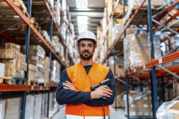 Male logistics worker in safety helmet and uniform smiles with crossed arms and a handheld barcode scanner in a busy distribution warehouse, representing efficient shipping and inventory