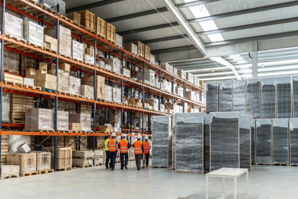 Logistics team in hard hats and hi vis vests walking through a bright industrial warehouse, inspecting palletized goods on tall shelves to manage inventory and distribution efficiency