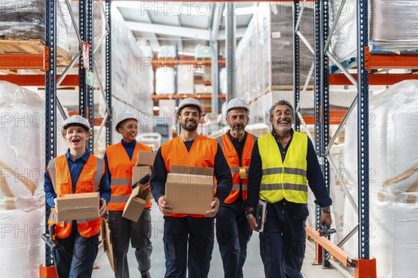 Happy multi ethnic logistics team and manager in helmets and reflective vests walking warehouse aisle with boxes and parcels, smiling and demonstrating efficient teamwork and supply chain operations