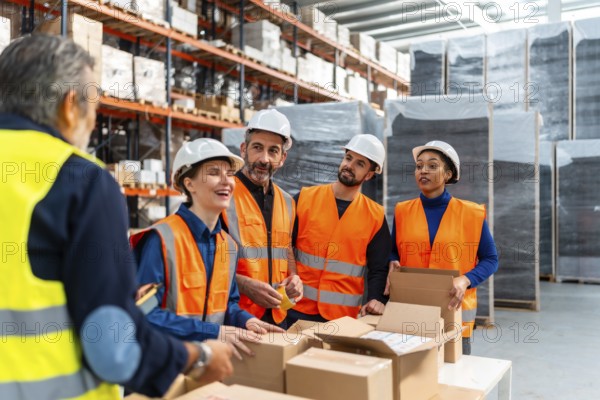 Group of happy diverse workers wearing safety vests and hard hats collaborating on packaging operations, standing around a table with cardboard boxes in a large industrial logistics warehouse