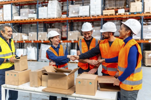 Diverse group of logistics workers shaking hands in a busy distribution warehouse, celebrating a successful collaboration and partnership for efficient supply chain management