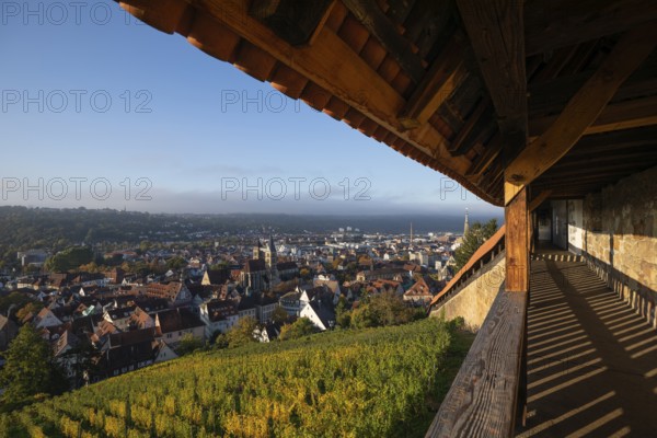 View of the old town from Esslingen Castle in the golden morning light Esslingen Baden-Württemberg Germany