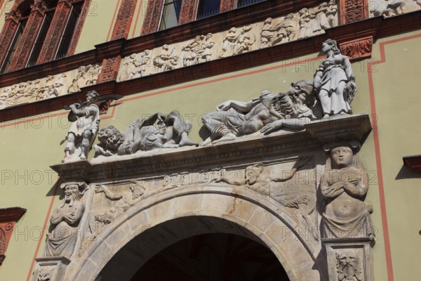 Façade of the Fürstenhof in Wismar, portal design of the passageway, Renaissance monument, district of Northwest Mecklenburg, Mecklenburg-Western Pomerania, Germany