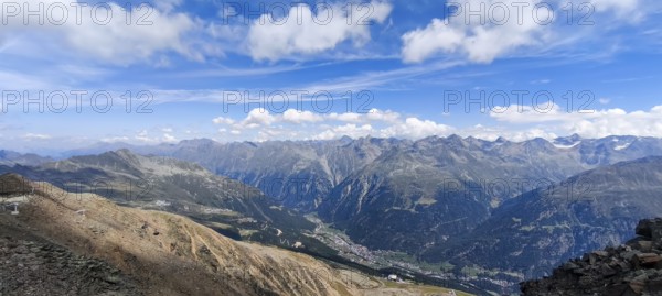 Scenic view from Gaislachkogel over the Ötztal Alps and down into the Ötztal near Sölden, Tyrol, Austria