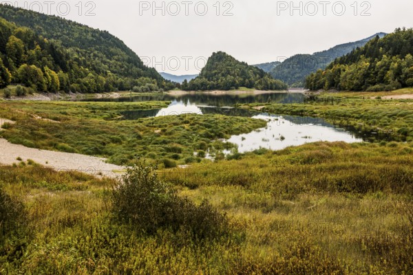 Picturesque mountain lake with water reflections in autumn, Lac de Kruth-Wildenstein, Kruth, Vosges, Alsace-Lorraine, Department of Vosges Haut-Rhin, France