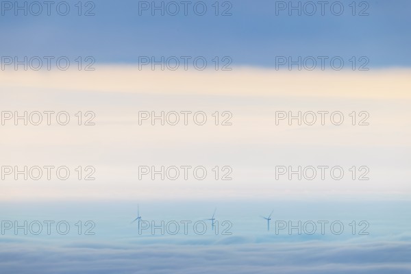Inversion weather, fog, sunrise, autumn, view from Breitenstein of wind edges sticking out of the fog, Ochsenwang, Swabian Jura, Baden-Württemberg, Germany