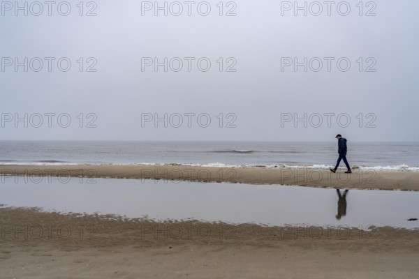 East beach of the East Frisian island of Spiekeroog, beach walk, man alone on the beach, at low tide, fog, calm of wind, tidal creek, Lower Saxony, Germany