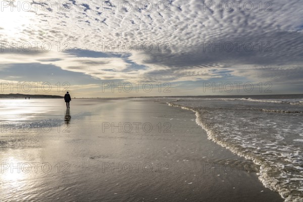 Walkers on the Wadden Sea near the East Frisian island of Spiekeroog, west of the North Sea island, at low tide, Lower Saxony, Germany