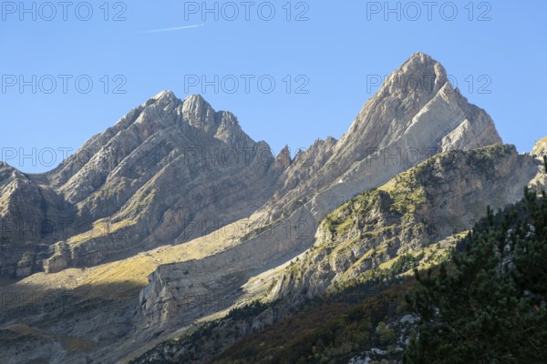 Mountain landscape view Ordesa y Monte Perdido National Park, Bielsa parador, Huesca province, Aragon, Spain