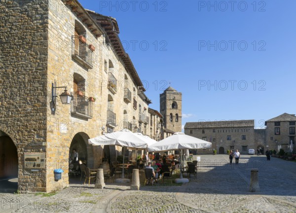 Plaza Mayor main square historic buildings medieval village of Ainsa, Aínsa-Sobrarbe, Huesca province, Aragon, Spain