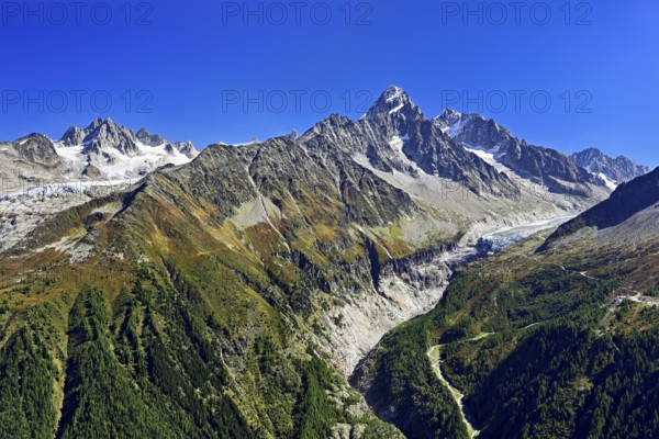 From left front Glacier du Tour back Aiguilles du Tour, right Aiguille du Chardonnet, in front foothills of the Argentière Glacier, Chamonix-Mont-Blanc, Haute-Savoie, France