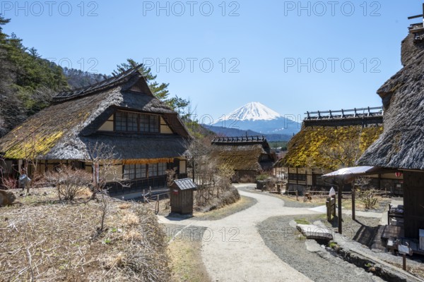 Iyashinosato open-air museum, old Japanese village with traditional houses, at the back volcano Mt. Fuji, Fujikawaguchiko, Saiko, Japón