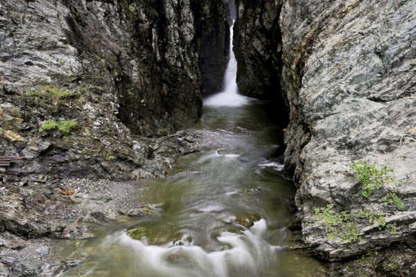 Small waterfall, Diosaz mountain river in the gorge, Gorges de la Diosaz, Les Houches, Chamonix-Mont-Blanc, Haute-Savoie, France