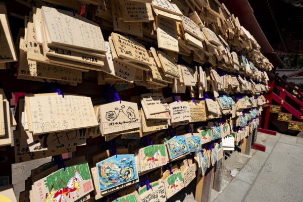 Ema, small wooden tablets with wishes and prayers, hung so that the Kami spirits or gods can receive them, Hakone Shrine, Hakone, Japan