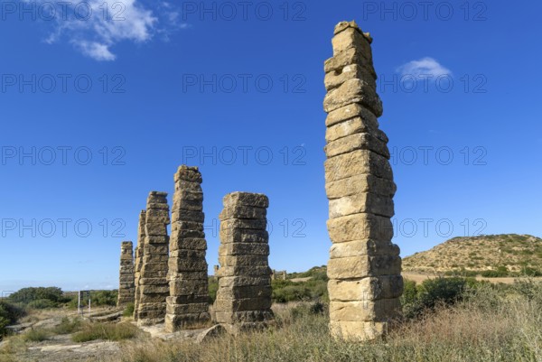Stone columns of ancient aqueduct, Roman site of Los Banales, near Layana, Zaragoza province, Aragon, Spain