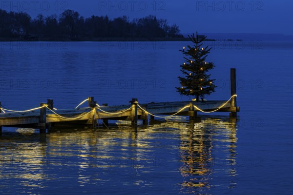 Illuminated Christmas tree at dawn, on an illuminated boat dock, Dießen am Lake Ammer, Upper Bavaria, Bavaria, Germany