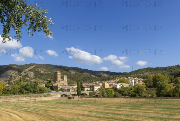 Landscape view from countryside of medieval village of Biel, Cinco Villas, Zaragoza province, Aragon, Spain