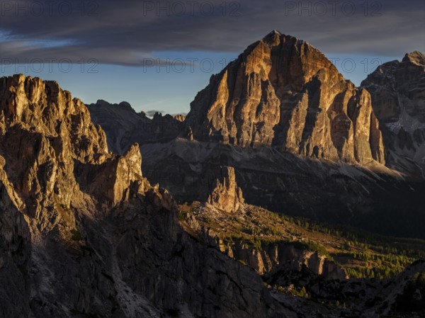 Mountain landscape, morning light, cloud atmosphere, autumn, aerial view, Giau Pass, view of Tofana Group, Dolomites, Italy