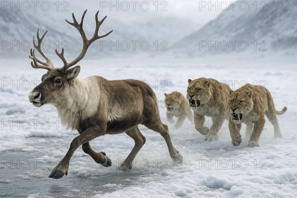 A reindeer is hunted by sabre-toothed tigers, sabre-toothed cats, smilodon (Machairodontinae) in the cold steppe during the ice age, symbol predator, prehistoric, extinct, animal portrait, Pleistocene, AI generated, AI generated