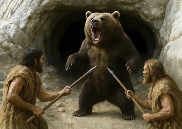An ice age cave bear (Ursidae) is attacked with spears in front of its cave by prehistoric hunters, symbolic image cold age, ice age, predator, animal world, extinct, prehistoric, AI generated, AI generated