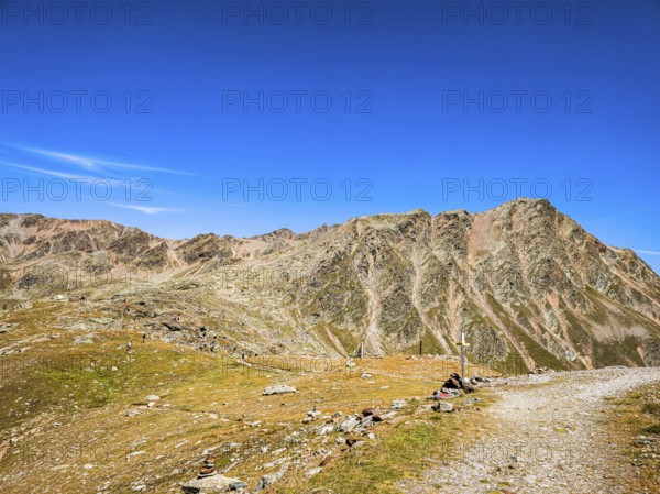 View of the high alpine mountain landscape at the Timmelsjoch rest house on the border between Austria and Italy, above Sölden, Tyrol, Austria
