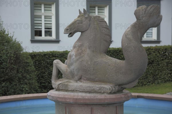 Meerpferdchenbrunnen sculpture, mythical creature with horse figure and fish figure, Meerpferdchenbrunnen, Nordhausen, Harz, Thuringia, Germany