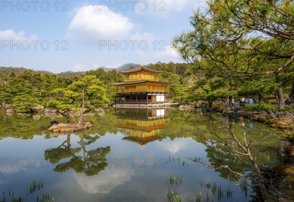 Golden Pavilion reflected in pond, Japanese garden, Golden Pavilion Temple, Kinkaku-ji reliquary, Buddhist temple complex, Kyoto, Japan
