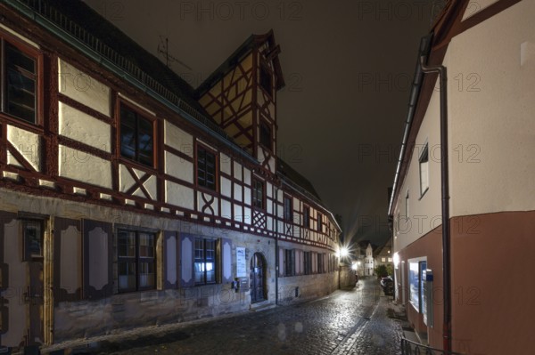 Nocturnal view of the former Glockengiesserspital, founded around 1374, Lauf an der Pegnitz, Middle Franconia, Bavaria, Germany