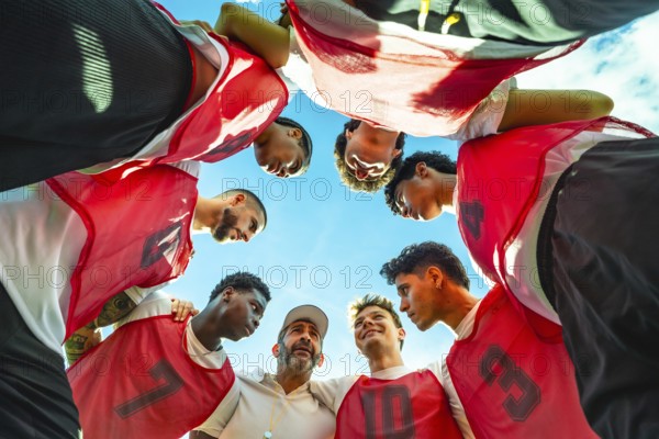 Diverse male soccer team and coach in a pregame huddle on a sunny day, sharing motivation and unity, focused on strategy, leadership and teamwork before kickoff