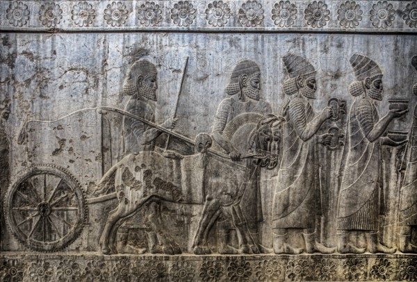 Relief detail of the delegation of peoples bringing gifts to Darius on the stairs of the Apadana Palace, Persepolis