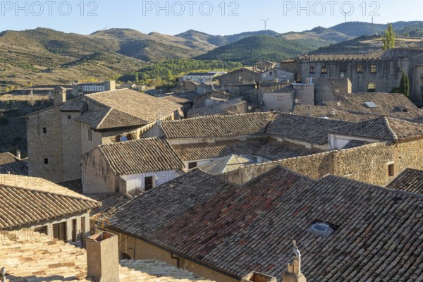 View over rooftops medieval village of Sos del Rey Católico, Cinco Villas district, Zaragoza province, Aragon, Spain