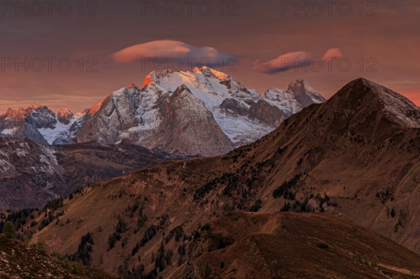 Dawn, clouds, morning mood, mountains, autumn, view of Marmolada, Giau Pass, Dolomites, Italy