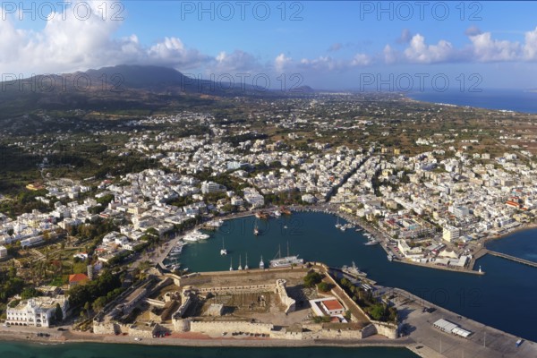 Aerial view, below Kastro, Neratzia fortress, also Nerantzia, castle, first mentioned in 1395, formerly fortress of the Order of St. John, today ruin, above Mandraki harbor, yacht port, ship, ships, city of Kos, Dodecanese islands, Greece, eastern Adriatic, Mediterranean