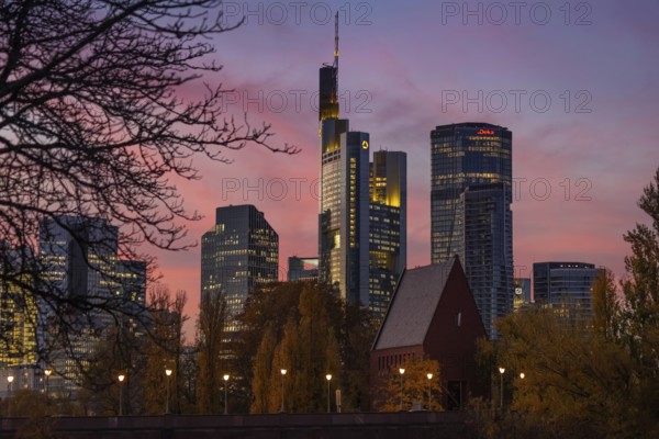 The lights of Frankfurt's banking skyline glow in the evening, Frankfurt, Hesse, Germany