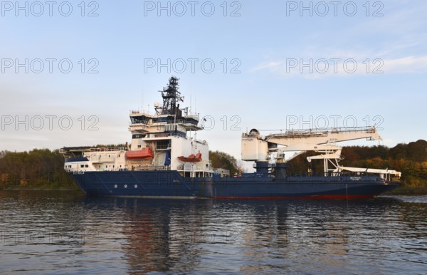 Icebreaker and offshore supply vessel BOTNICA sails through the Kiel Canal, NOK, Kiel Canal, Kiel Canal, Schleswig-Holstein, Germany