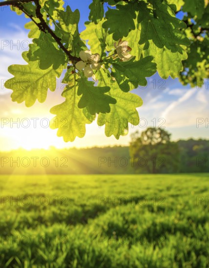 A serene landscape featuring a large tree by a stream at sunset with vibrant green grass and blooming flowers, spring landscape, the oak branch of nature, clear blue sky, idyllic atmosphere with green grass meadow, hills in the calm nature, AI generated