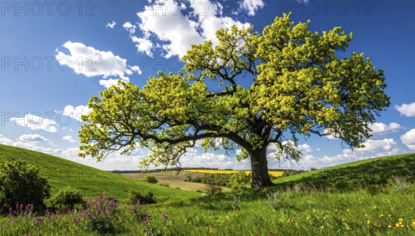 A serene landscape featuring a large tree by a stream at sunset with vibrant green grass and blooming flowers, spring landscape, the oak branch of nature, clear blue sky, idyllic atmosphere with green grass meadow, hills in the calm nature, AI generated