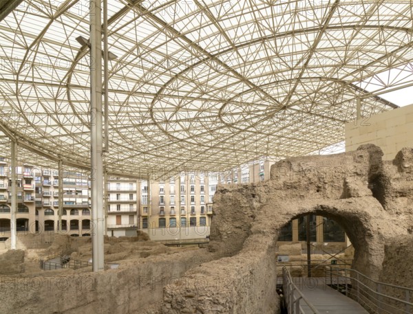 Covered ruins of Roman theatre amphitheatre, Zaragoza, Aragon, Spain