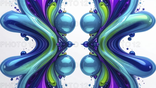 Symmetric Abstract Bright Liquid Ornament Background, futuristic wallpaper template illustration, vibrant blue and green neon hues, AI generated