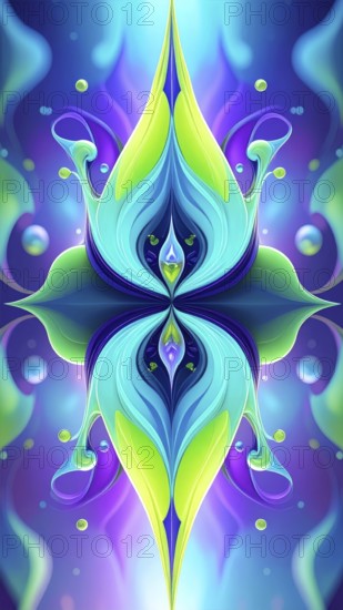 Symmetric Abstract Bright Liquid Ornament Background, futuristic wallpaper template illustration, vibrant blue and green neon hues, AI generated